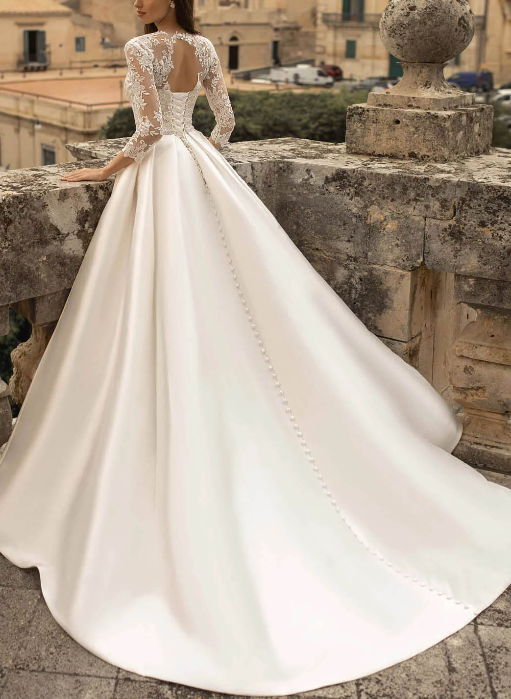 Classic Lace Sleeves Ball-Gown Satin Wedding Dresses