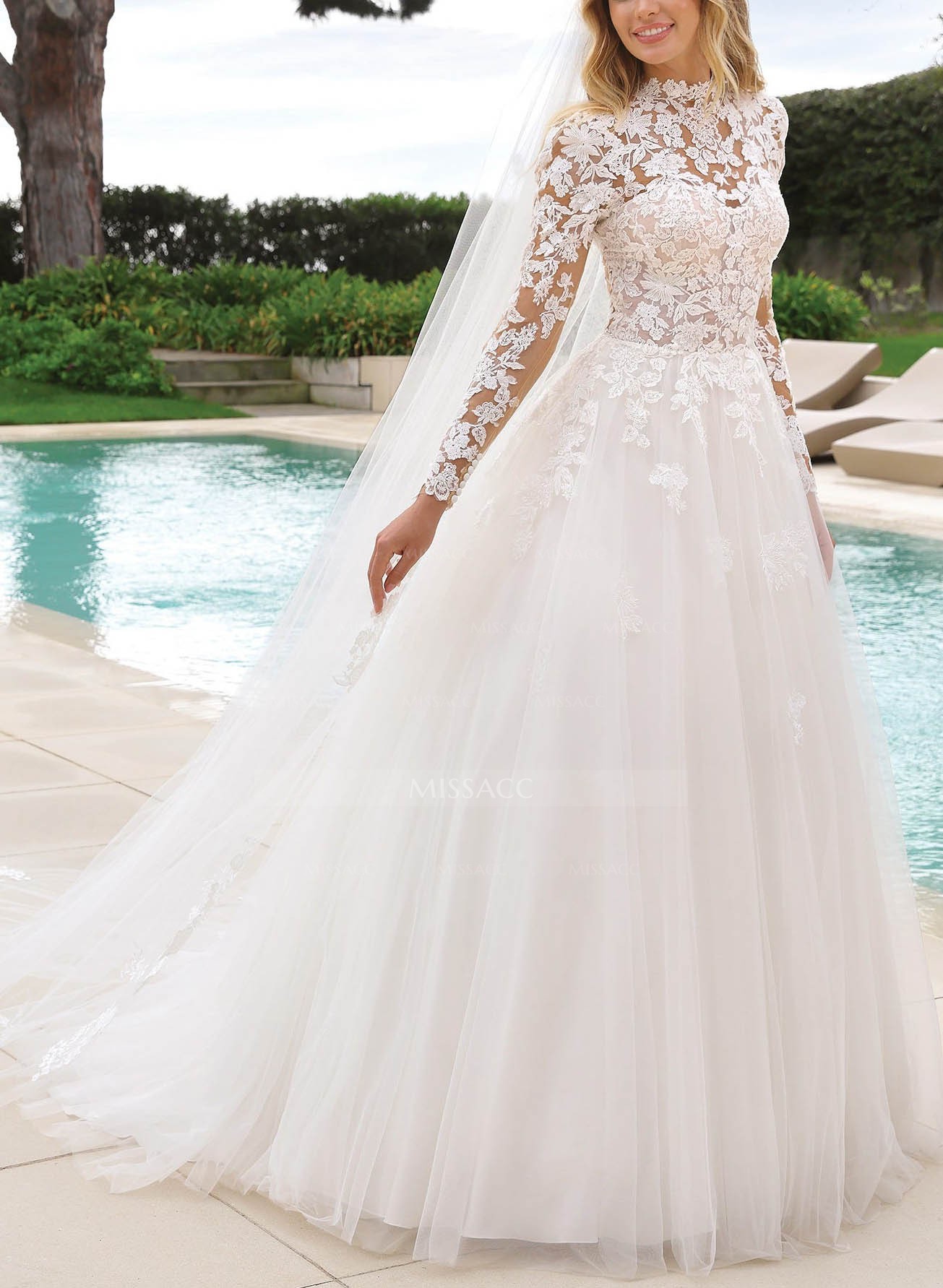High Neck Lace Long Sleeves Ball-Gown Wedding Dresses
