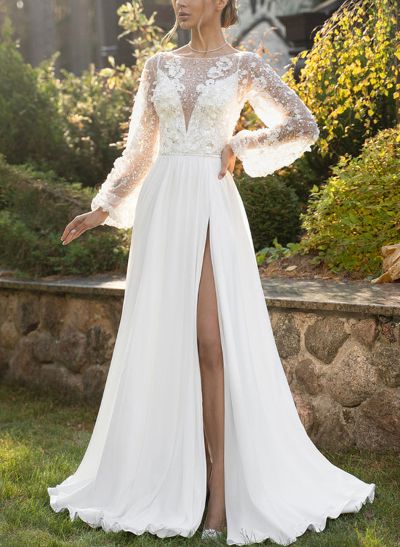 A-Line Illusion Neck Long Sleeves Lace/Tulle Wedding Dresses With Split Front