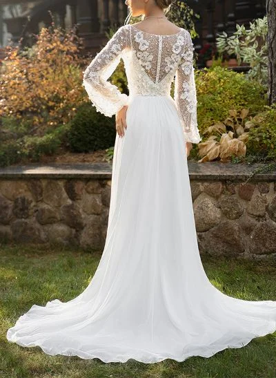 A-Line Illusion Neck Long Sleeves Lace/Tulle Wedding Dresses With Split Front