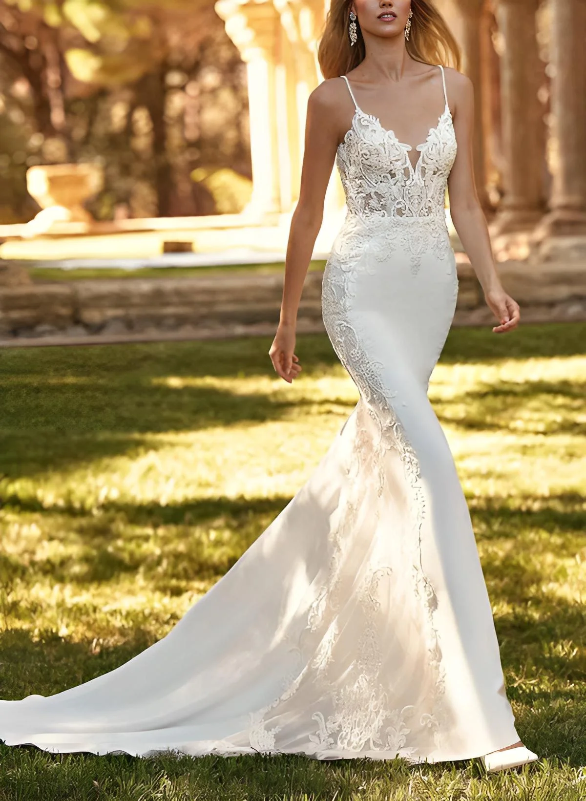 Missacc Ivory Bride Elegant V-Neck Sleeveless Court Train Elastic Satin Wedding Dresses With Appliques Lace