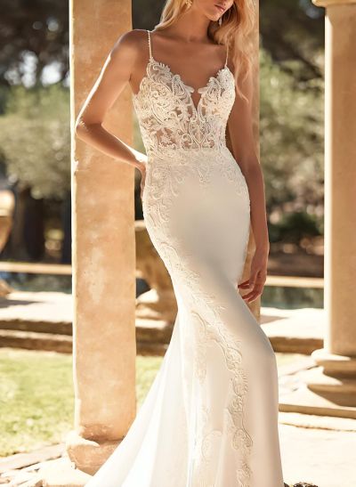 Elegant V-Neck Sleeveless Court Train Elastic Satin Wedding Dresses With Appliques Lace