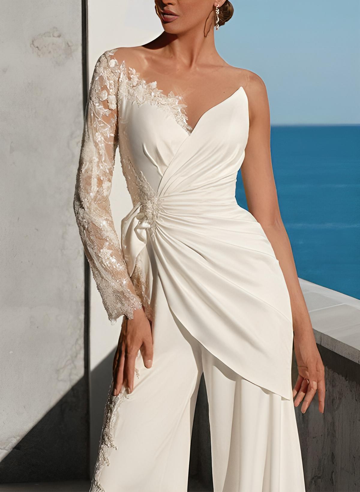 Long Sleeves Floor-Length Wedding Jumpsuit With Appliques Lace