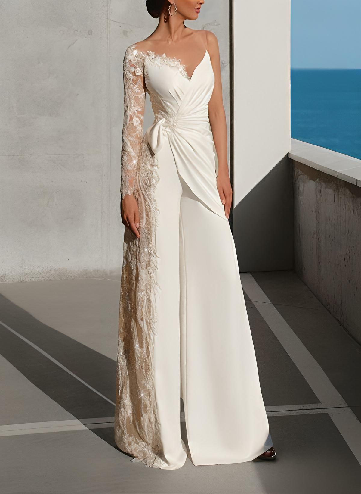 Long Sleeves Floor-Length Wedding Jumpsuit With Appliques Lace
