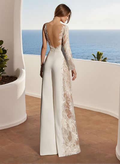 Long Sleeves Floor-Length Wedding Jumpsuit With Appliques Lace