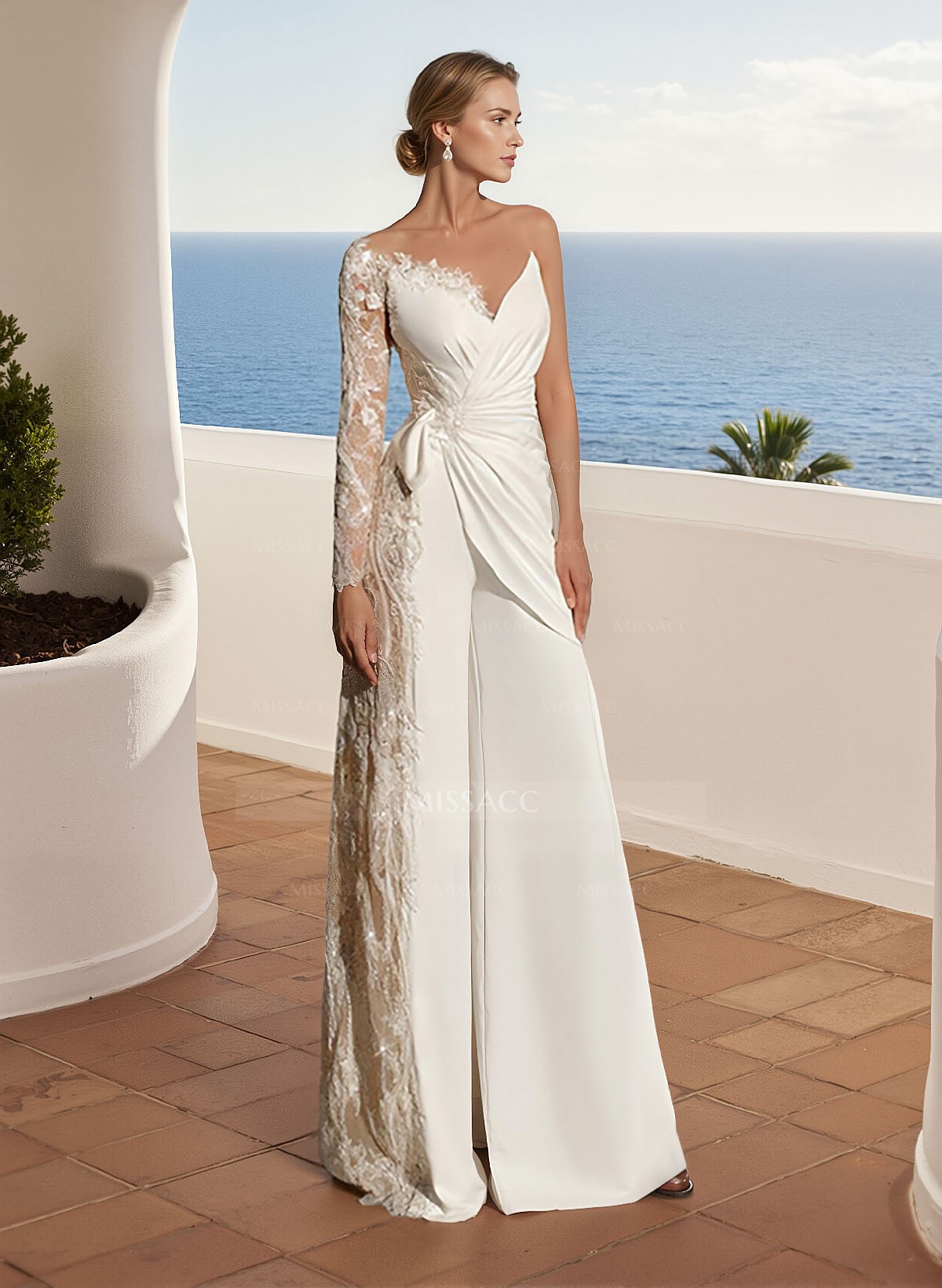 Long Sleeves Floor-Length Wedding Jumpsuit With Appliques Lace