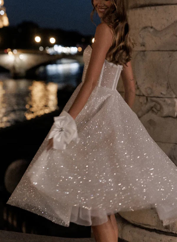 A-Line Strapless Sleeveless Tea-Length Sequined Wedding Dresses