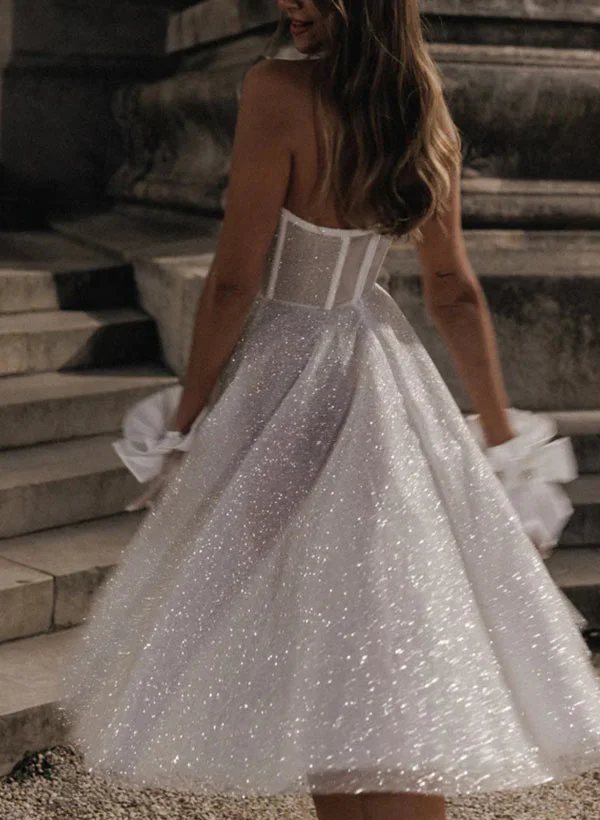 A-Line Strapless Sleeveless Tea-Length Sequined Wedding Dresses - Missacc