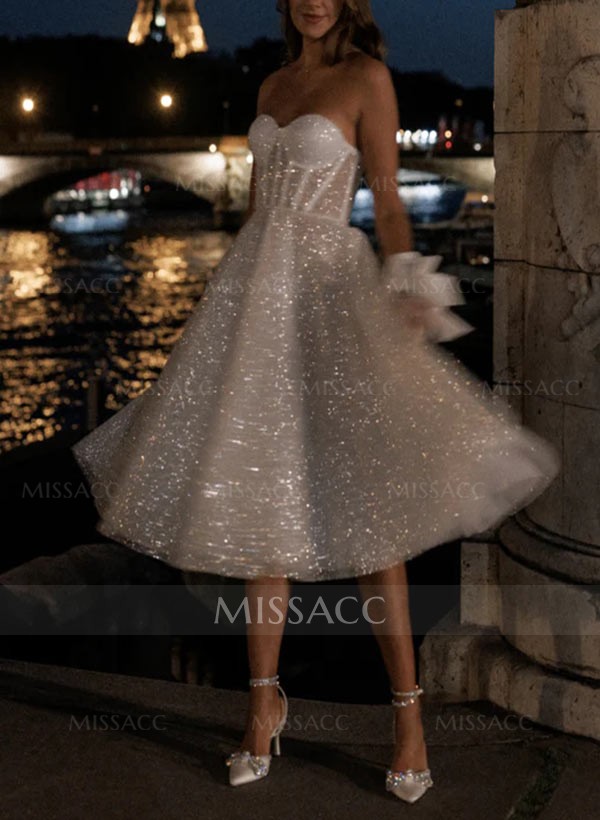 A-Line Strapless Sleeveless Tea-Length Sequined Wedding Dresses