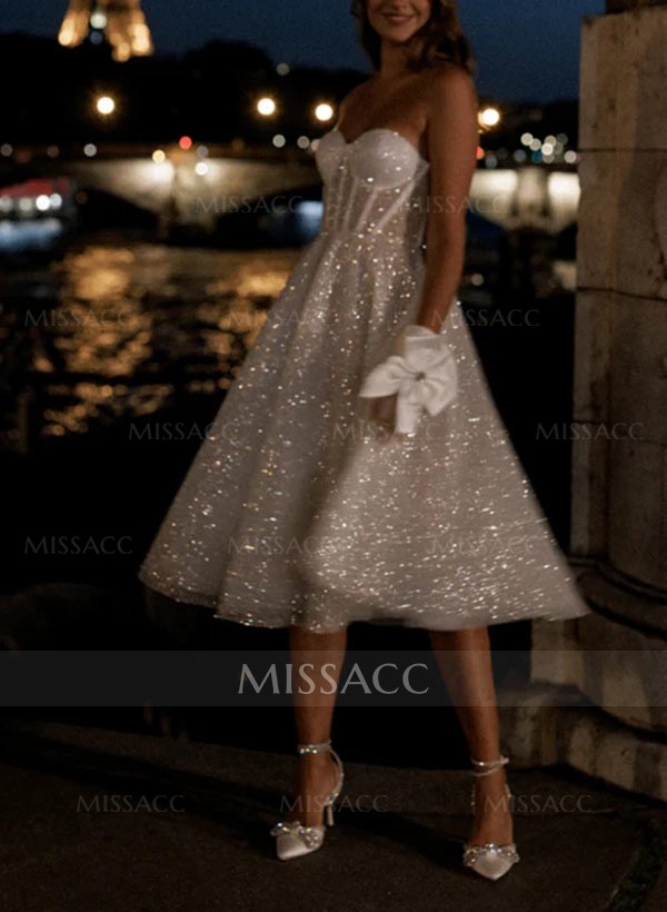 A-Line Strapless Sleeveless Tea-Length Sequined Wedding Dresses