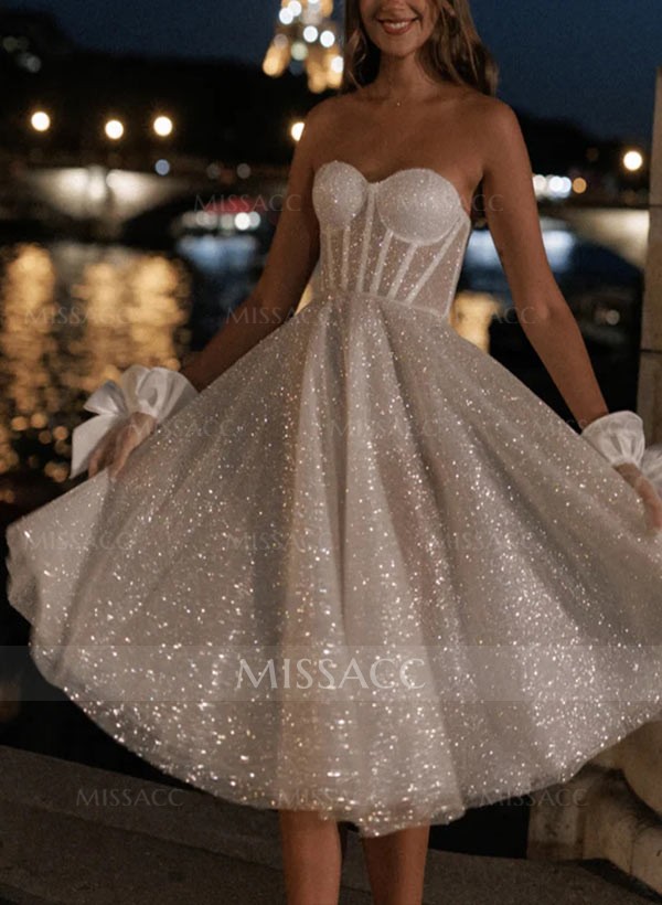 A-Line Strapless Sleeveless Tea-Length Sequined Wedding Dresses