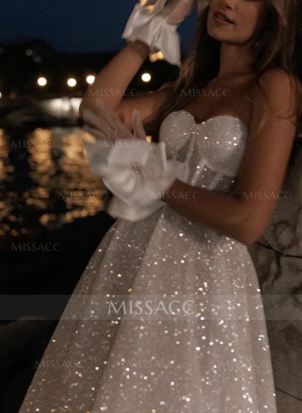 A-Line Strapless Sleeveless Tea-Length Sequined Wedding Dresses