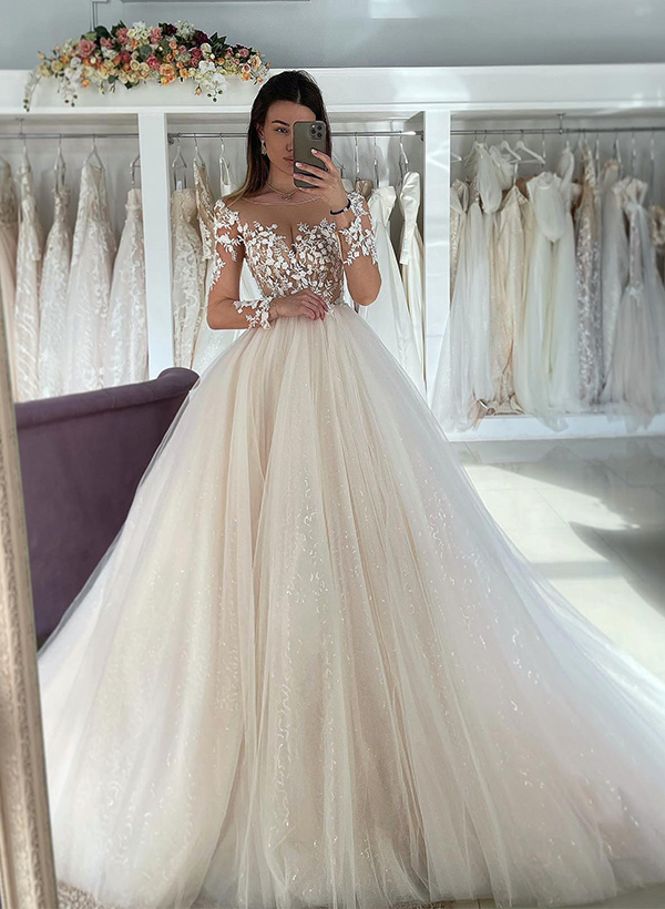 A-Line Illusion Neck Long Sleeves Sweep Train Lace/Tulle Wedding Dresses