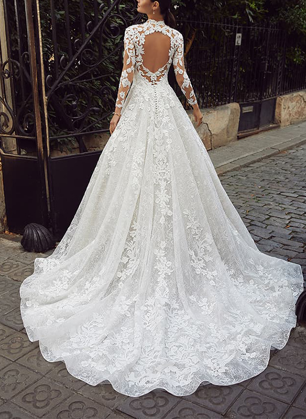 A-Line Illusion Neck 3/4 Sleeves Sweep Train Lace/Tulle Wedding Dresses