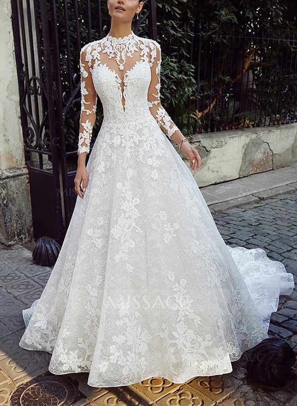 A-Line Illusion Neck 3/4 Sleeves Sweep Train Lace/Tulle Wedding Dresses