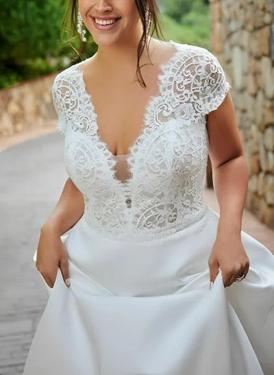 Plus Size A-Line V-Neck Short Sleeves Sweep Train Lace/Satin Wedding Dresses