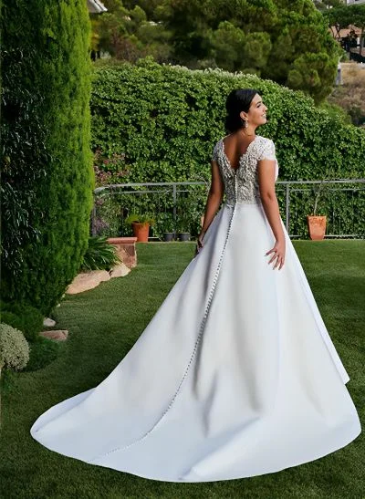 Plus Size A-Line V-Neck Short Sleeves Sweep Train Lace/Satin Wedding Dresses