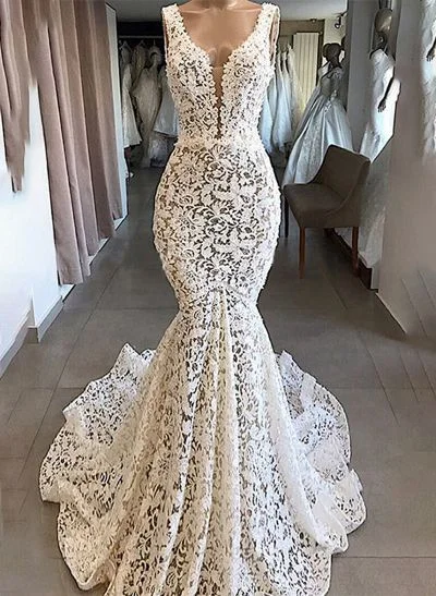 Trumpet/Mermaid V-Neck Sleeveless Court Train Lace Wedding Dresses