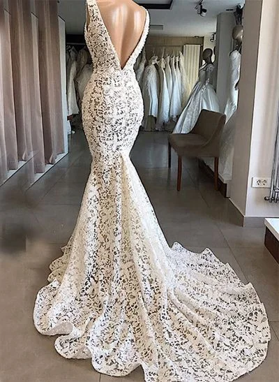 Trumpet/Mermaid V-Neck Sleeveless Court Train Lace Wedding Dresses