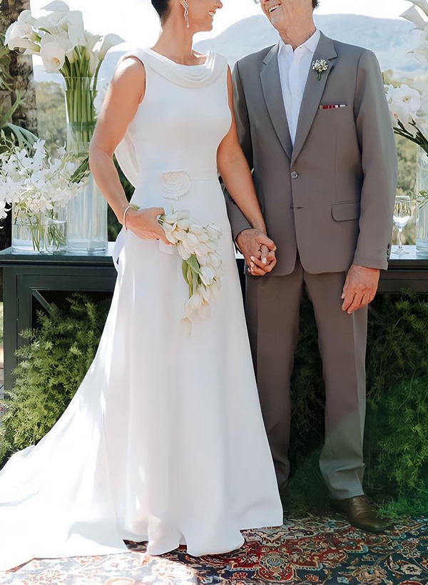 A-Line Cowl Neck Sleeveless Elastic Satin Wedding Dresses With Flower(s)