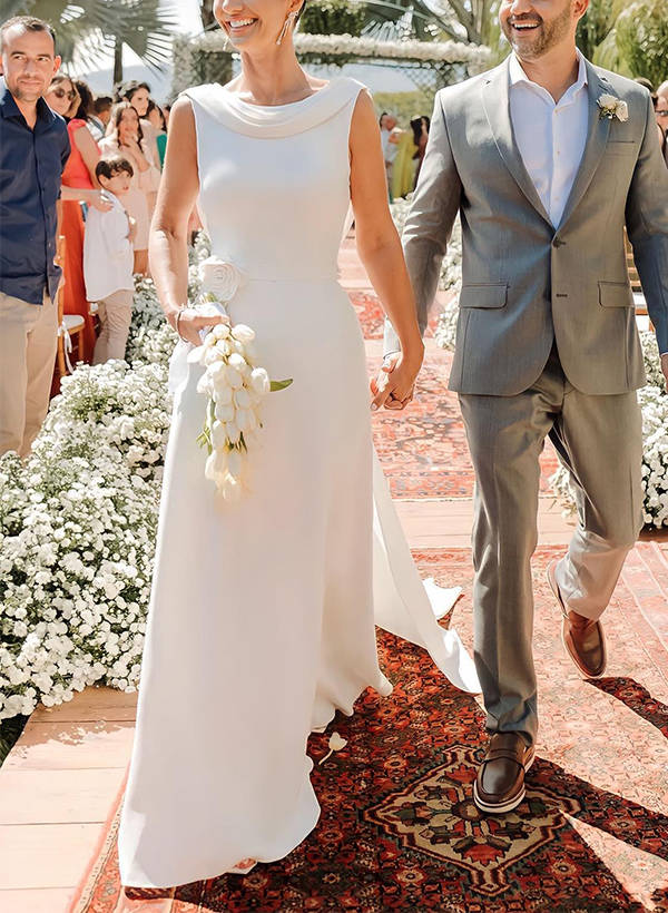 A-Line Cowl Neck Sleeveless Elastic Satin Wedding Dresses With Flower(s)