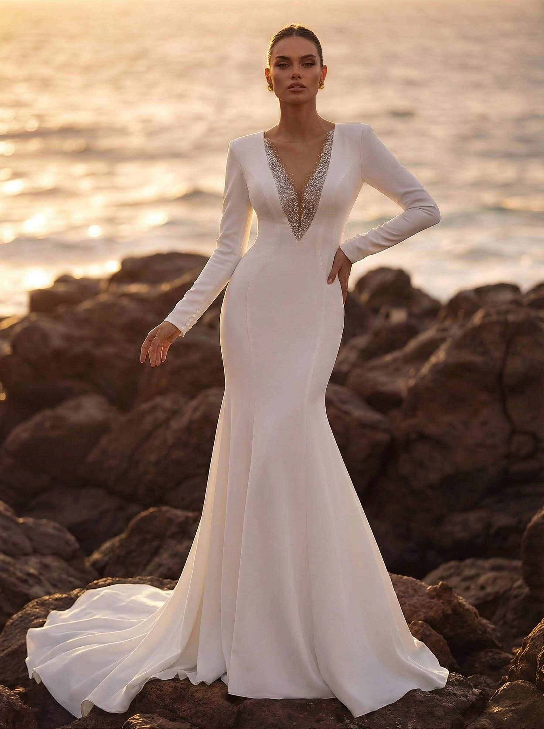 Trumpet/Mermaid V-Neck Long Sleeves Elastic Satin/Sequined Wedding Dresses