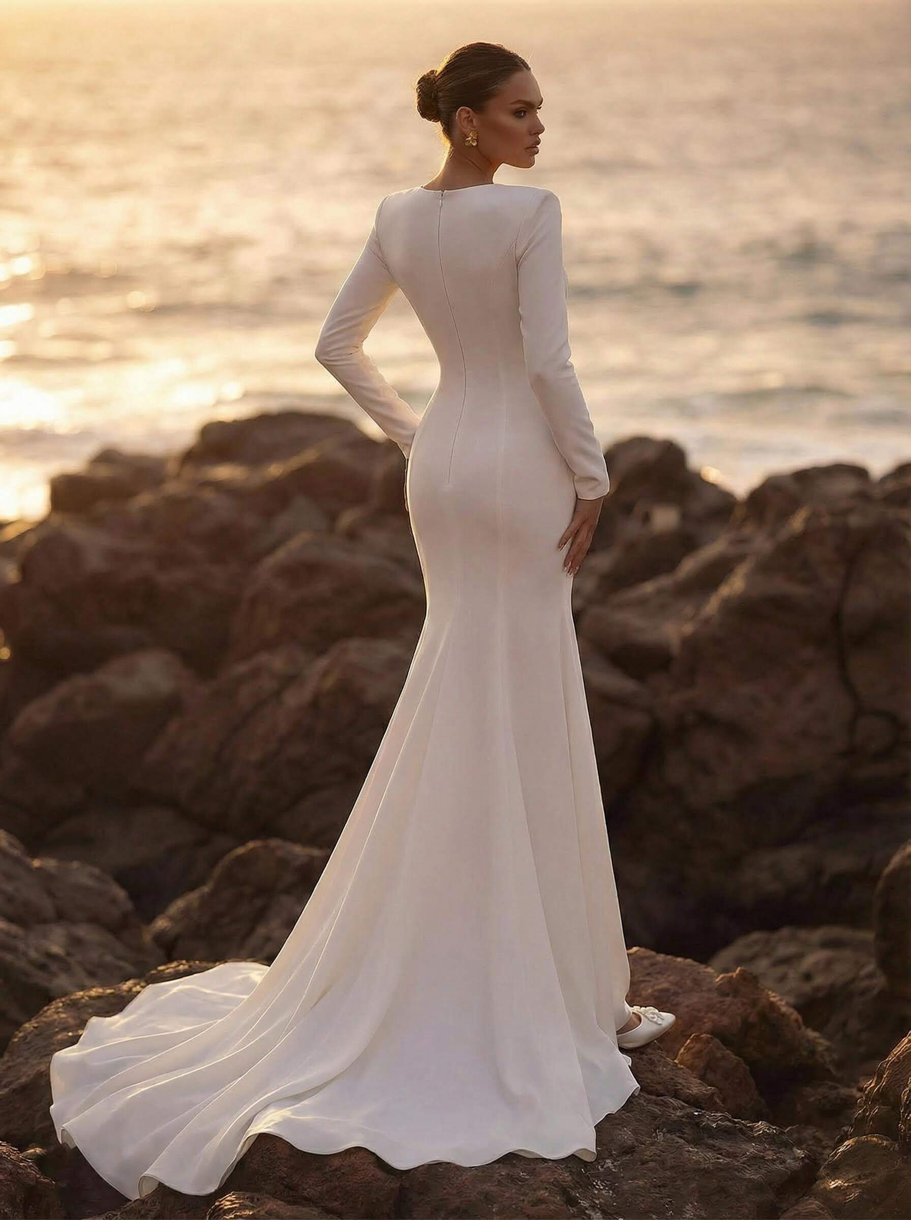 Trumpet/Mermaid V-Neck Long Sleeves Elastic Satin/Sequined Wedding Dresses