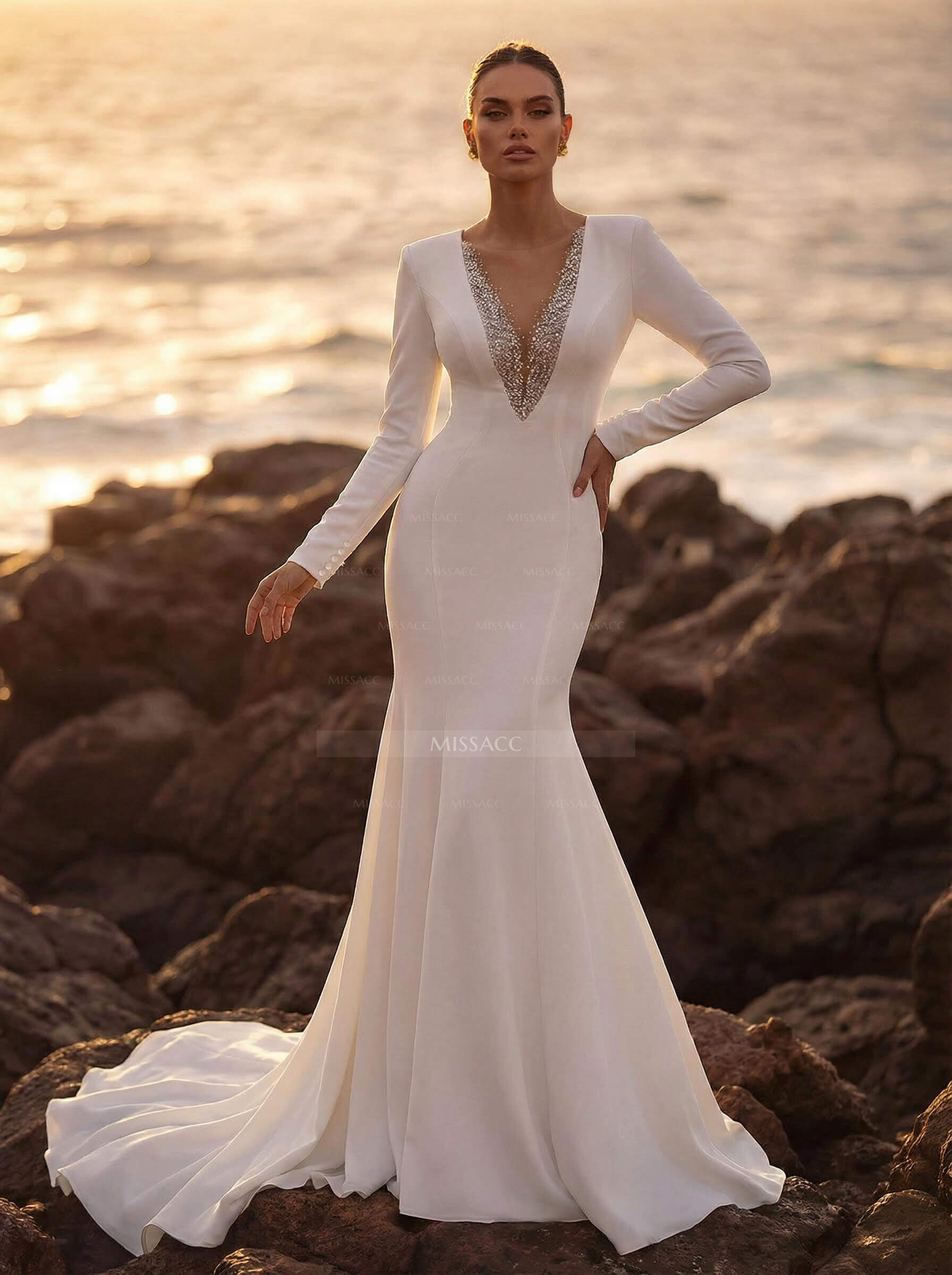 Trumpet/Mermaid V-Neck Long Sleeves Elastic Satin/Sequined Wedding Dresses