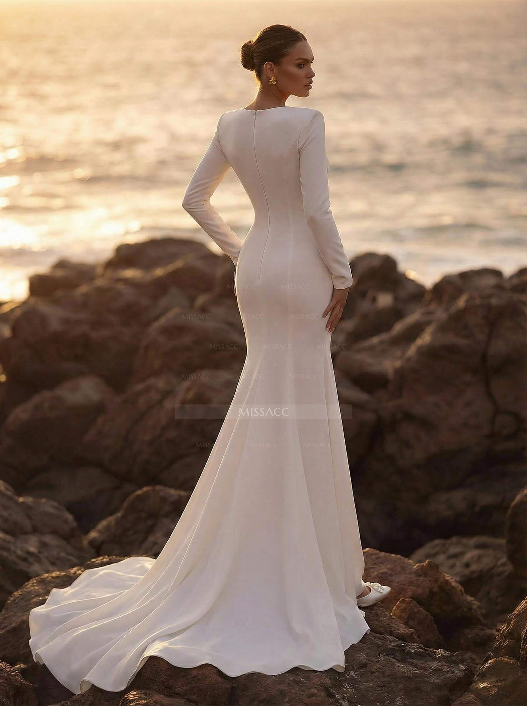 Trumpet/Mermaid V-Neck Long Sleeves Elastic Satin/Sequined Wedding Dresses