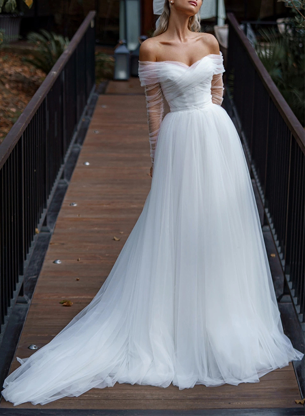 A-Line Off-The-Shoulder Long Sleeves Sweep Train Tulle Wedding Dresses