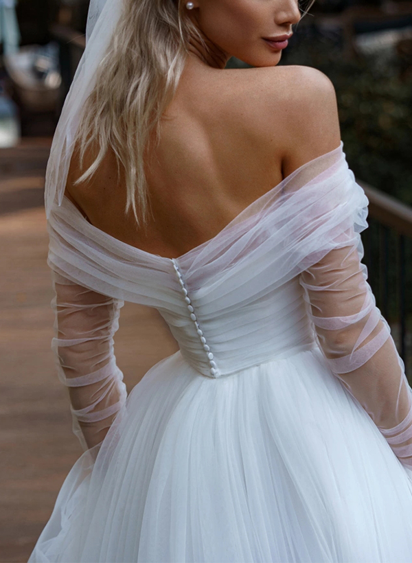 A-Line Off-The-Shoulder Long Sleeves Sweep Train Tulle Wedding Dresses