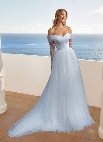 A-Line Off-The-Shoulder Long Sleeves Sweep Train Tulle Wedding Dresses