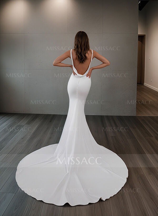 Boho/Beach V-Neck Sleeveless Sweep Train Elastic Satin Wedding Dresses