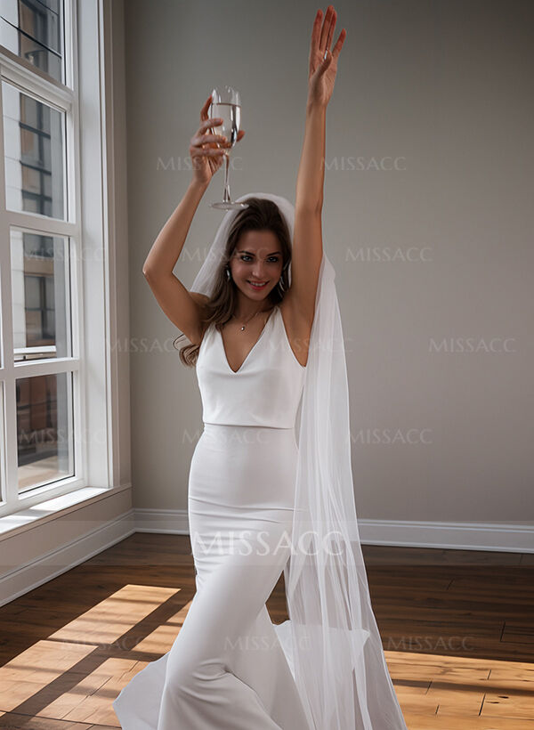 Boho/Beach V-Neck Sleeveless Sweep Train Elastic Satin Wedding Dresses