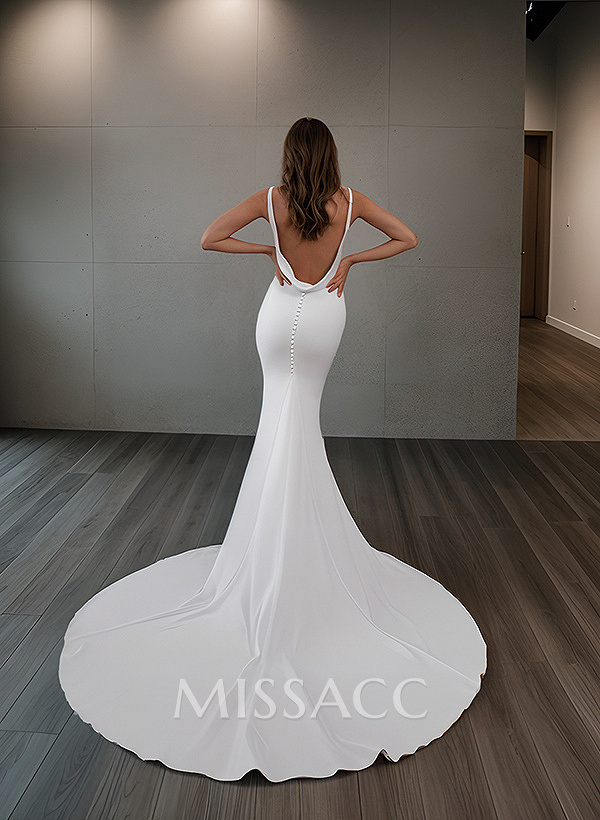 Boho/Beach V-Neck Sleeveless Sweep Train Elastic Satin Wedding Dresses