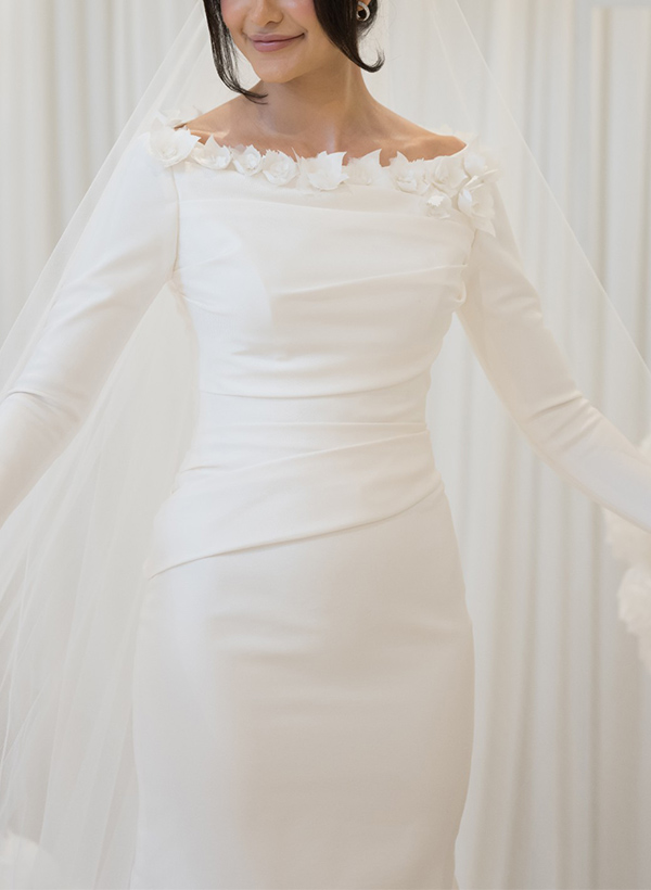 Sheath/Column Scoop Neck Long Sleeves Sweep Train Satin Wedding Dresses