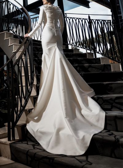Sheath/Column Scoop Neck Long Sleeves Sweep Train Satin Wedding Dresses