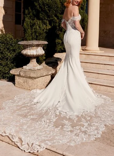 Trumpet/Mermaid Off-The-Shoulder Lace/Elastic Satin Wedding Dresses