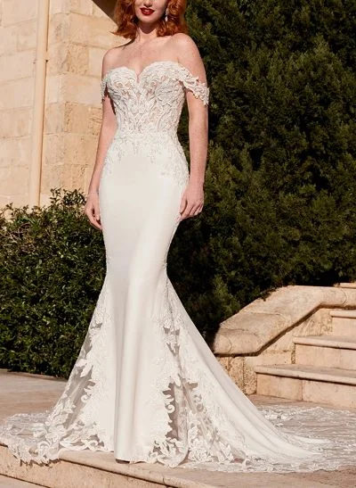 Trumpet/Mermaid Off-The-Shoulder Lace/Elastic Satin Wedding Dresses