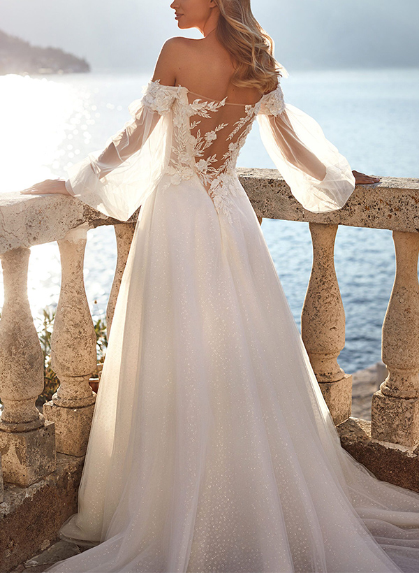 A-Line Off-The-Shoulder Long Sleeves Lace/Tulle Wedding Dresses