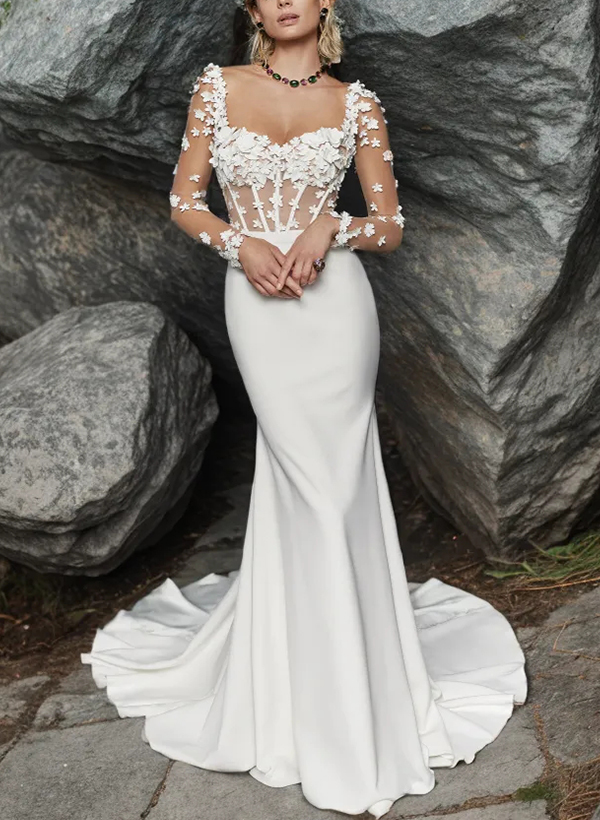 Trumpet/Mermaid Long Sleeves Lace/Elastic Satin Wedding Dresses