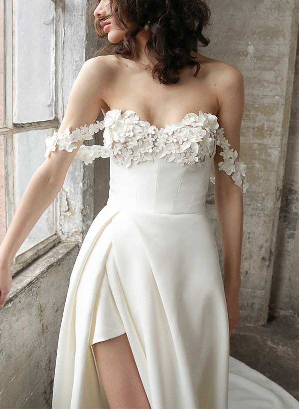 A-Line Off-The-Shoulder Elastic Satin Wedding Dresses With Split Front/Flower(s)