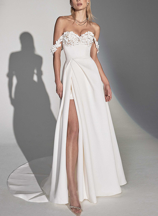 A-Line Off-The-Shoulder Elastic Satin Wedding Dresses With Split Front/Flower(s)