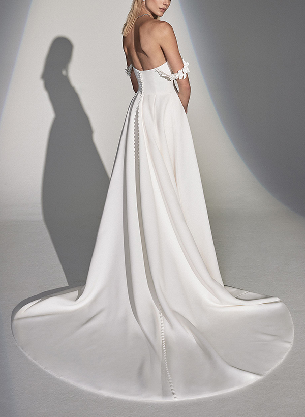 A-Line Off-The-Shoulder Elastic Satin Wedding Dresses With Split Front/Flower(s)