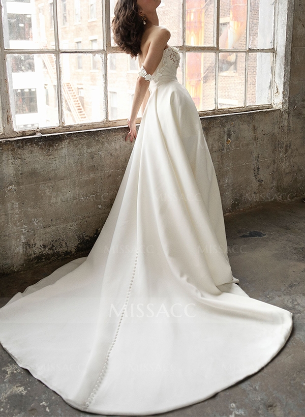 A-Line Off-The-Shoulder Elastic Satin Wedding Dresses With Split Front/Flower(s)