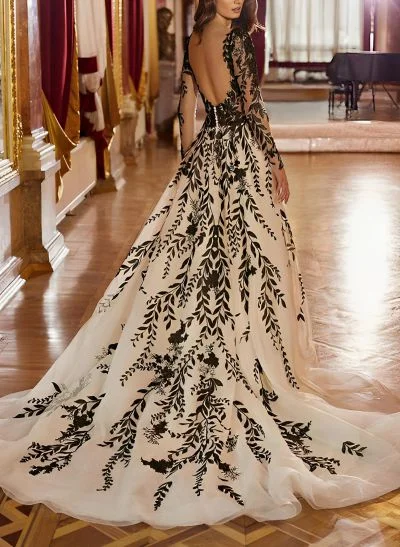 A-Line Long Sleeves Court Train Lace Wedding Dresses