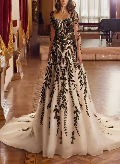 A-Line Long Sleeves Court Train Lace Wedding Dresses