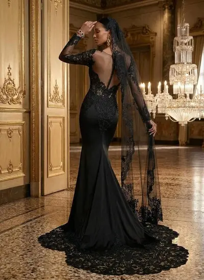 Mermaid V-Neck Long Sleeves Court Train Lace Wedding Dresses
