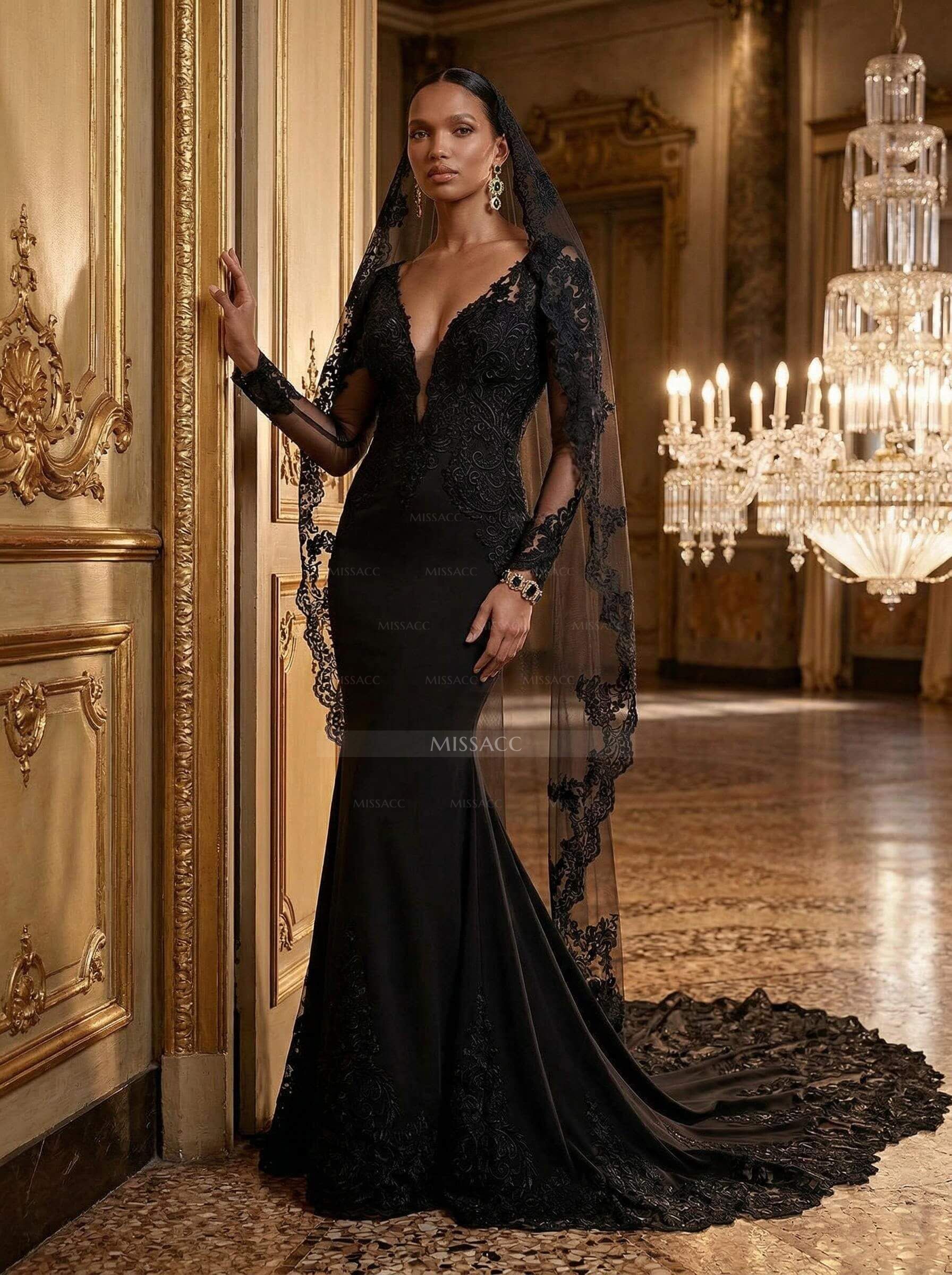 Mermaid V-Neck Long Sleeves Court Train Lace Wedding Dresses