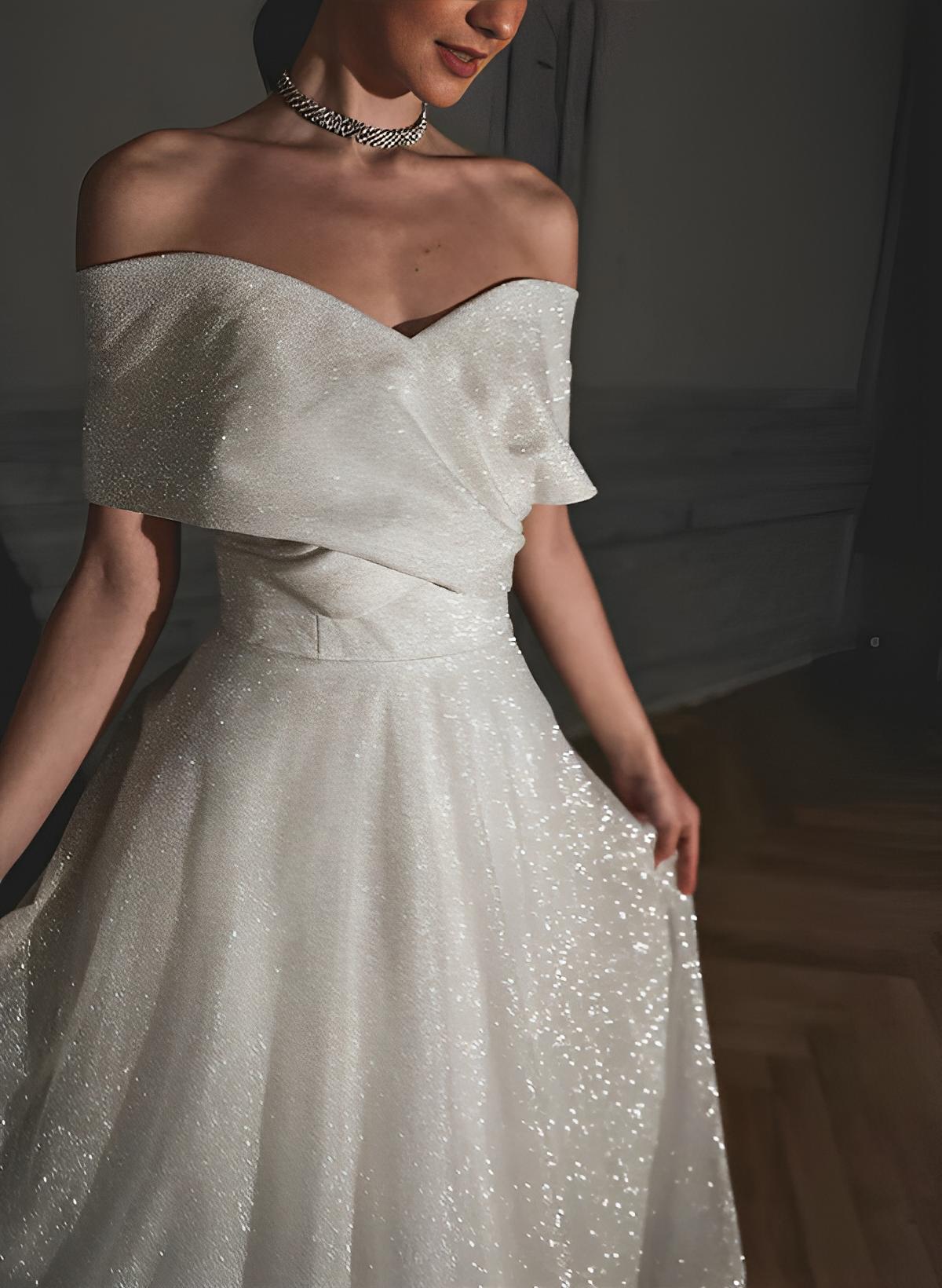 A-Line Off-The-Shoulder Sleeveless Sweep Train Sequined Wedding Dresses